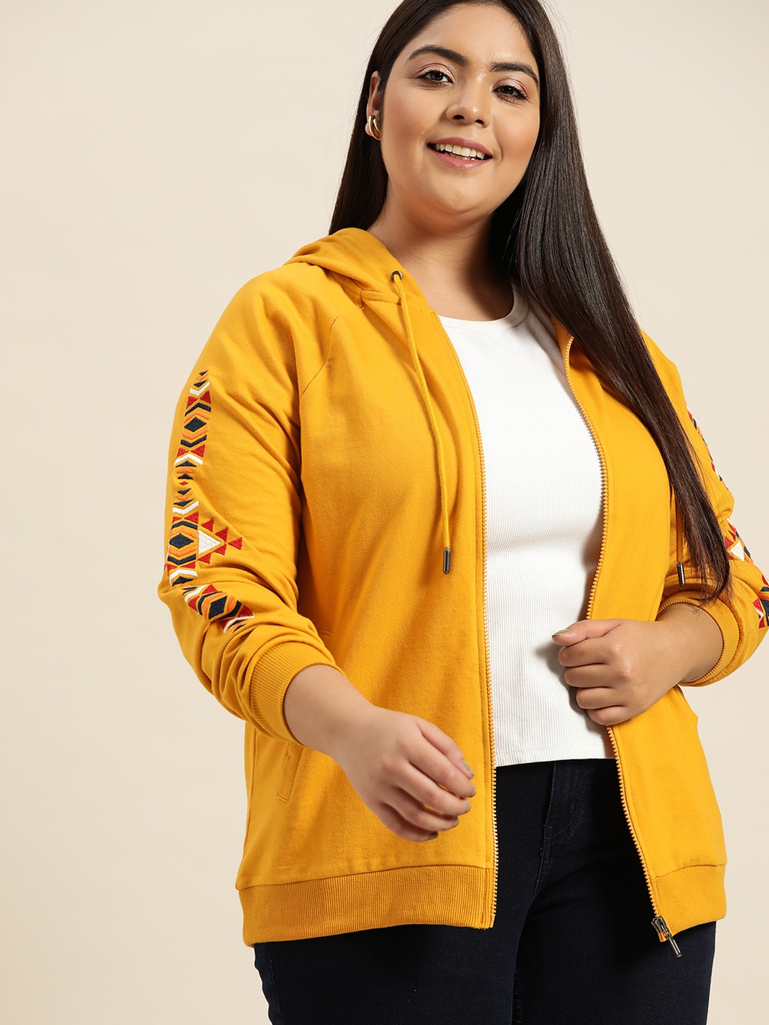 

Sztori Women Plus Size Mustard Yellow Solid Hooded Front-Open Sweatshirt