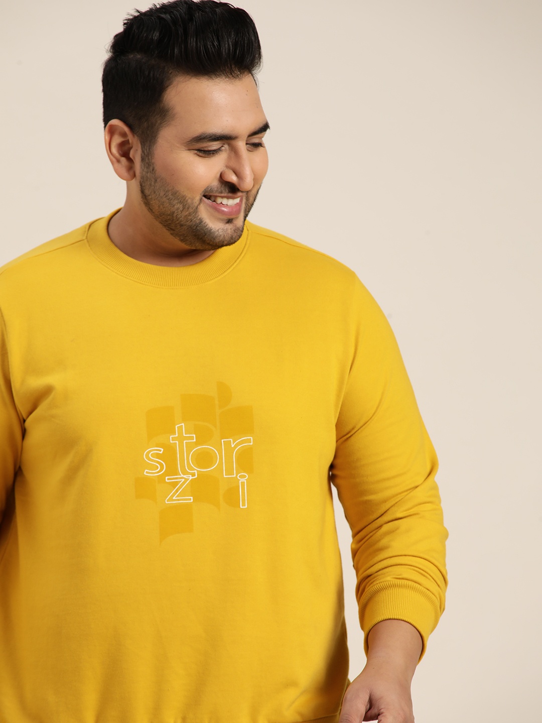 

Sztori Plus Size Men Mustard Yellow Brand Logo Print Sweatshirt