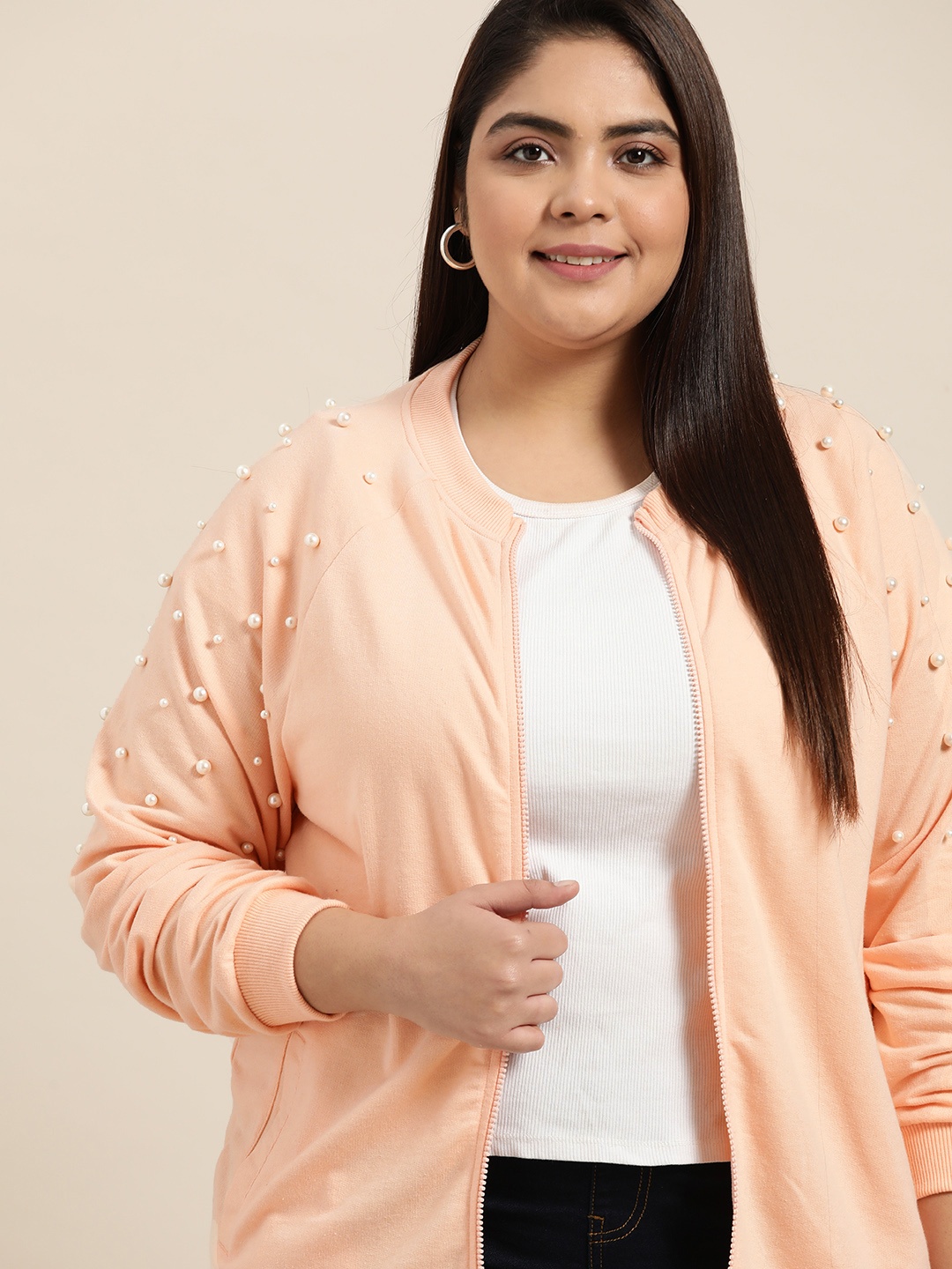 

Sztori Women Plus Size Peach-Coloured Solid Sweatshirt with Embellished Detail
