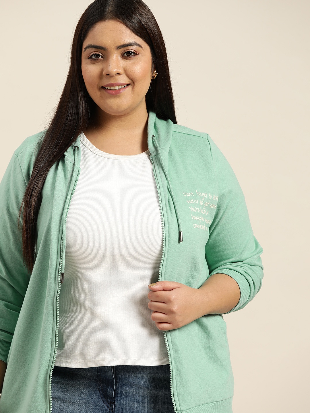 

Sztori Plus Size Women Sea Green Printed Hooded Sweatshirt