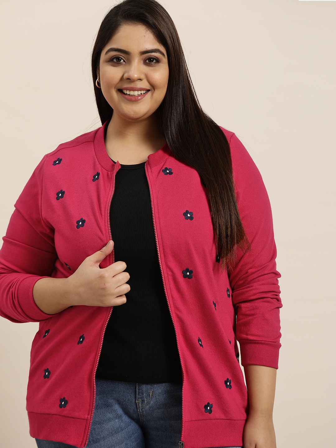 

Sztori Women Plus Size Pink & Navy Blue Floral Embroidered Sweatshirt