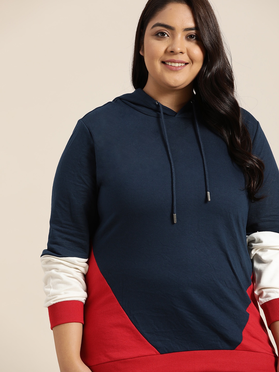 

Sztori Women Plus Size Navy Blue & Red Colourblocked Hooded Sweatshirt