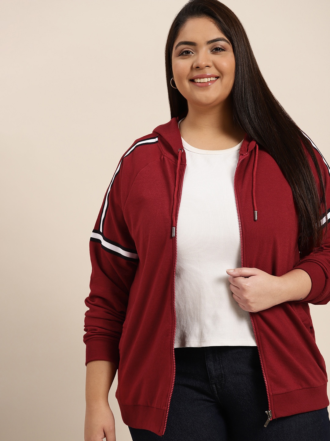 

Sztori Women Plus Size Maroon Solid Hooded Sweatshirt