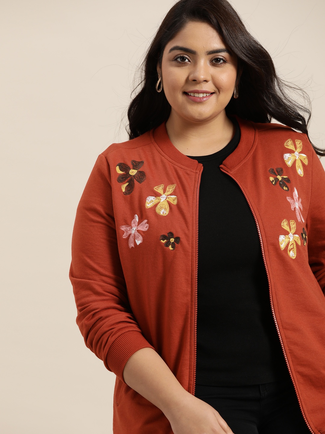 

Sztori Women Plus Size Rust Orange Floral Embroidered Sweatshirt