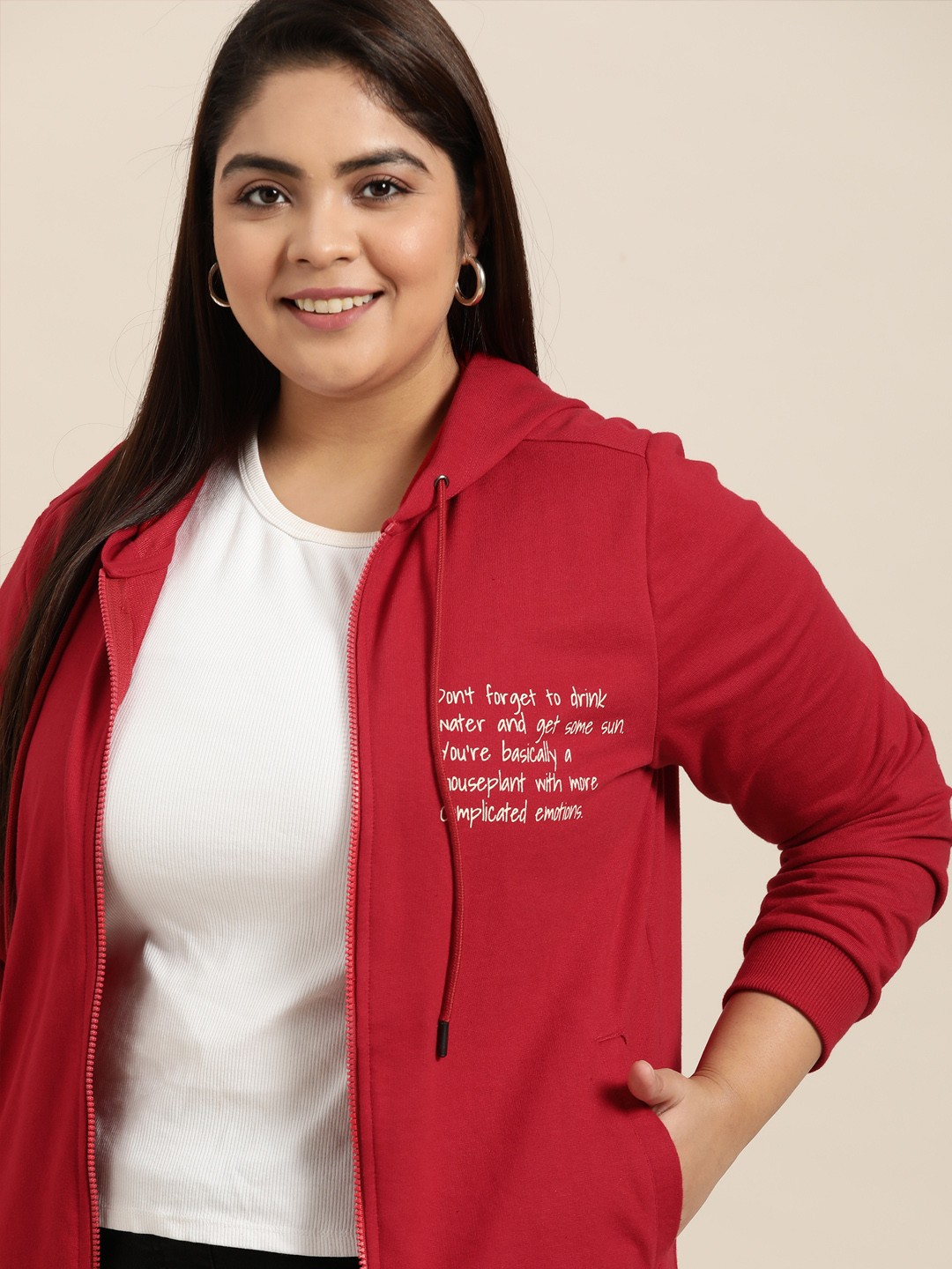 

Sztori Women Plus Size Red & White Placement Typography Print Hooded Sweatshirt