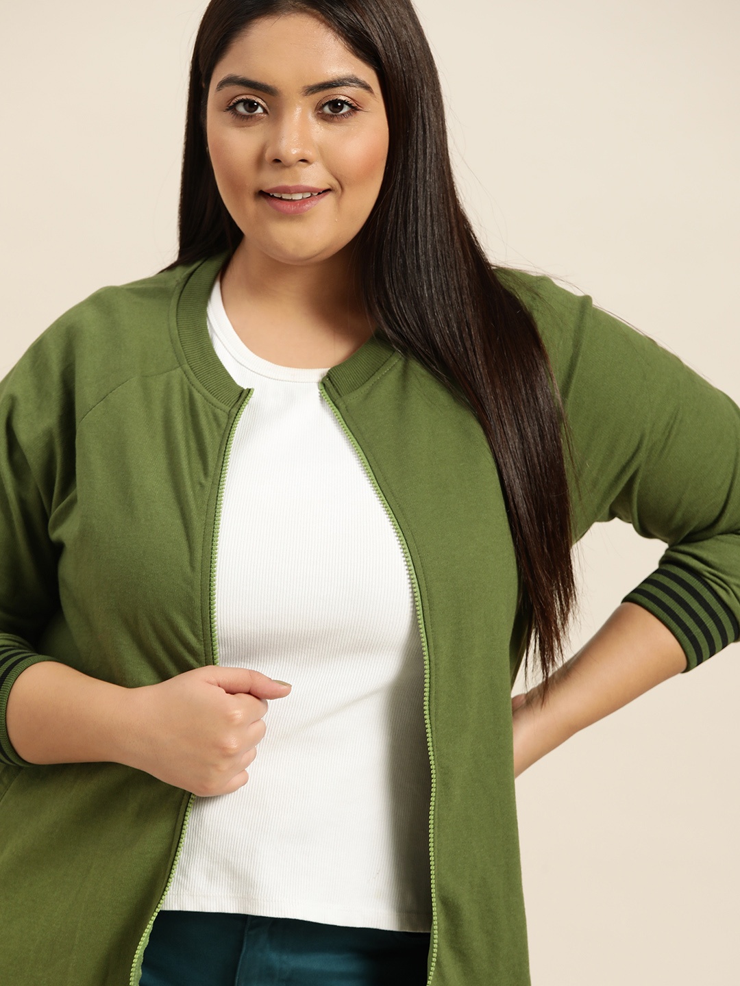 

Sztori Women Plus Size Olive Green Solid Front-Open Sweatshirt