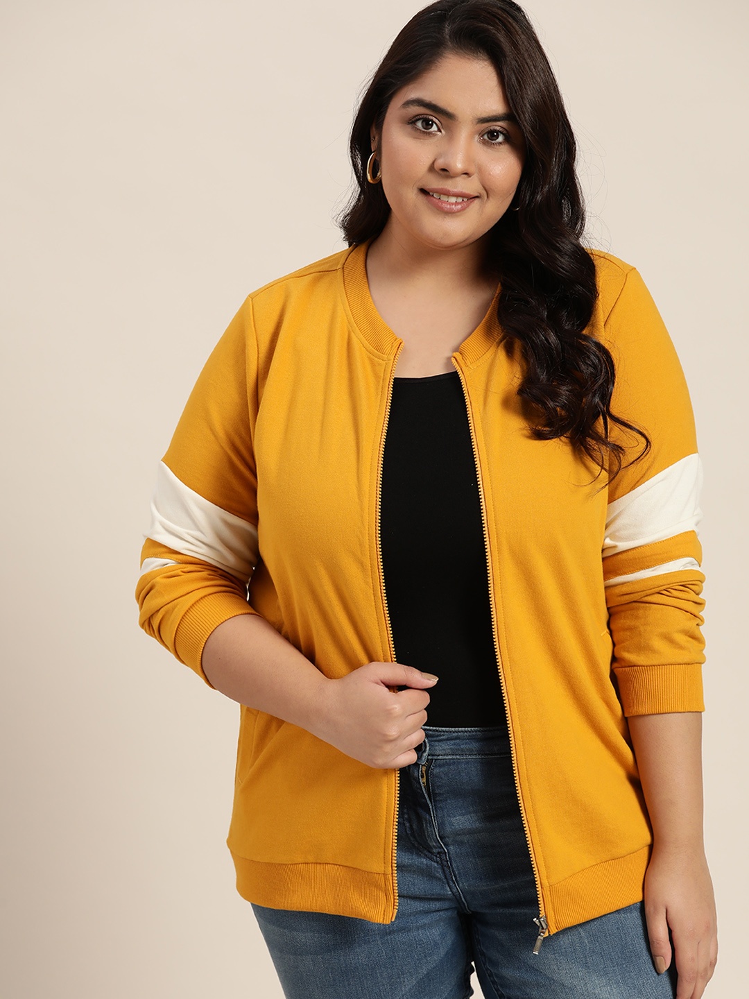 

Sztori Women Plus Size Mustard Yellow Solid Hooded Sweatshirt with Striped Sleeves