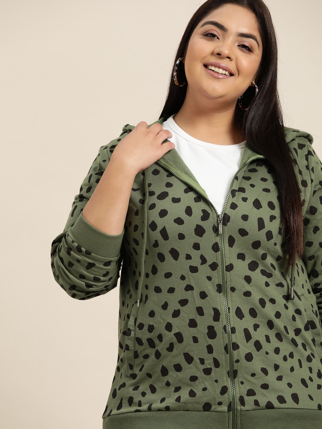 

Sztori Women Plus Size Green & Black Printed Hooded Sweatshirt