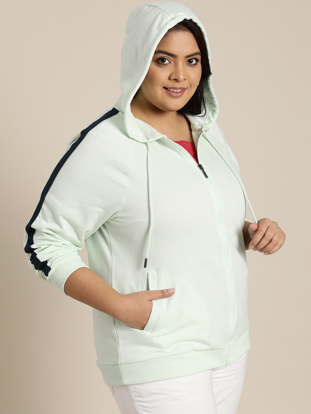 

Sztori Women Plus Size Green Hooded Colorblock Detail Raglan Sleeve Sweatshirt