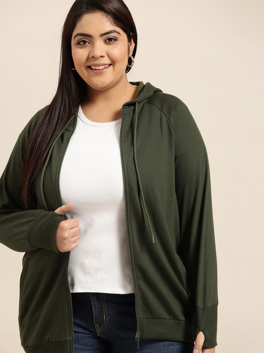 

Sztori Women Plus Size Olive Green Solid Hooded Sweatshirt