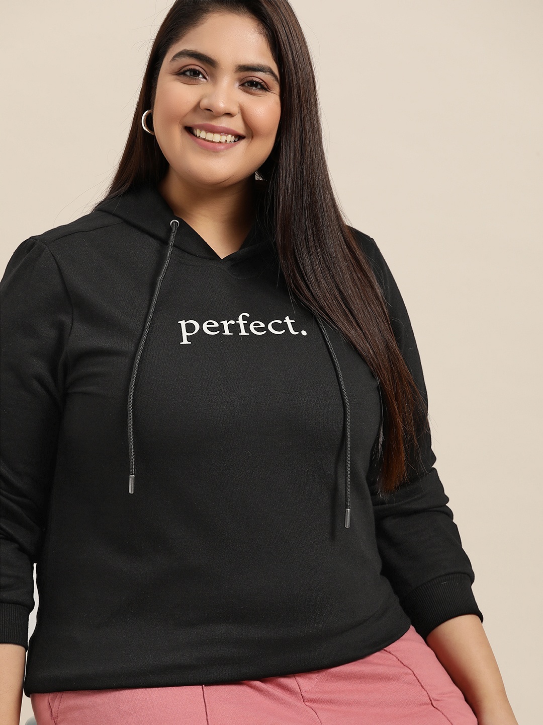 

Sztori Plus Size Women Black Solid Hooded Sweatshirt with Printed Detail