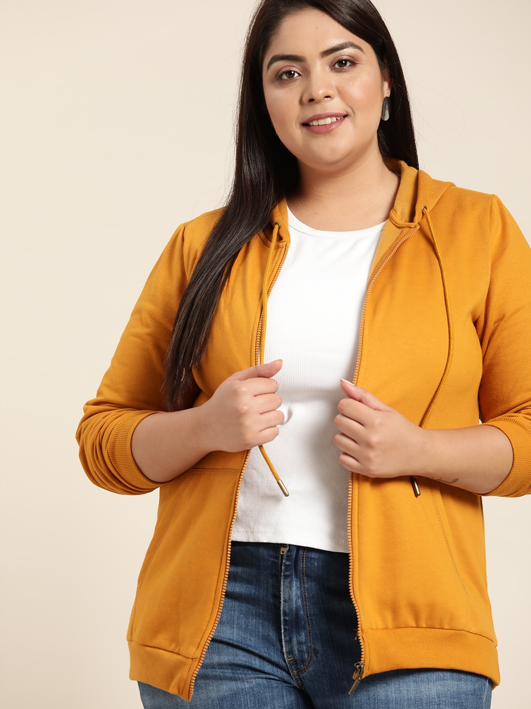 

Sztori Women Plus Size Mustard Yellow Solid Hooded Sweatshirt