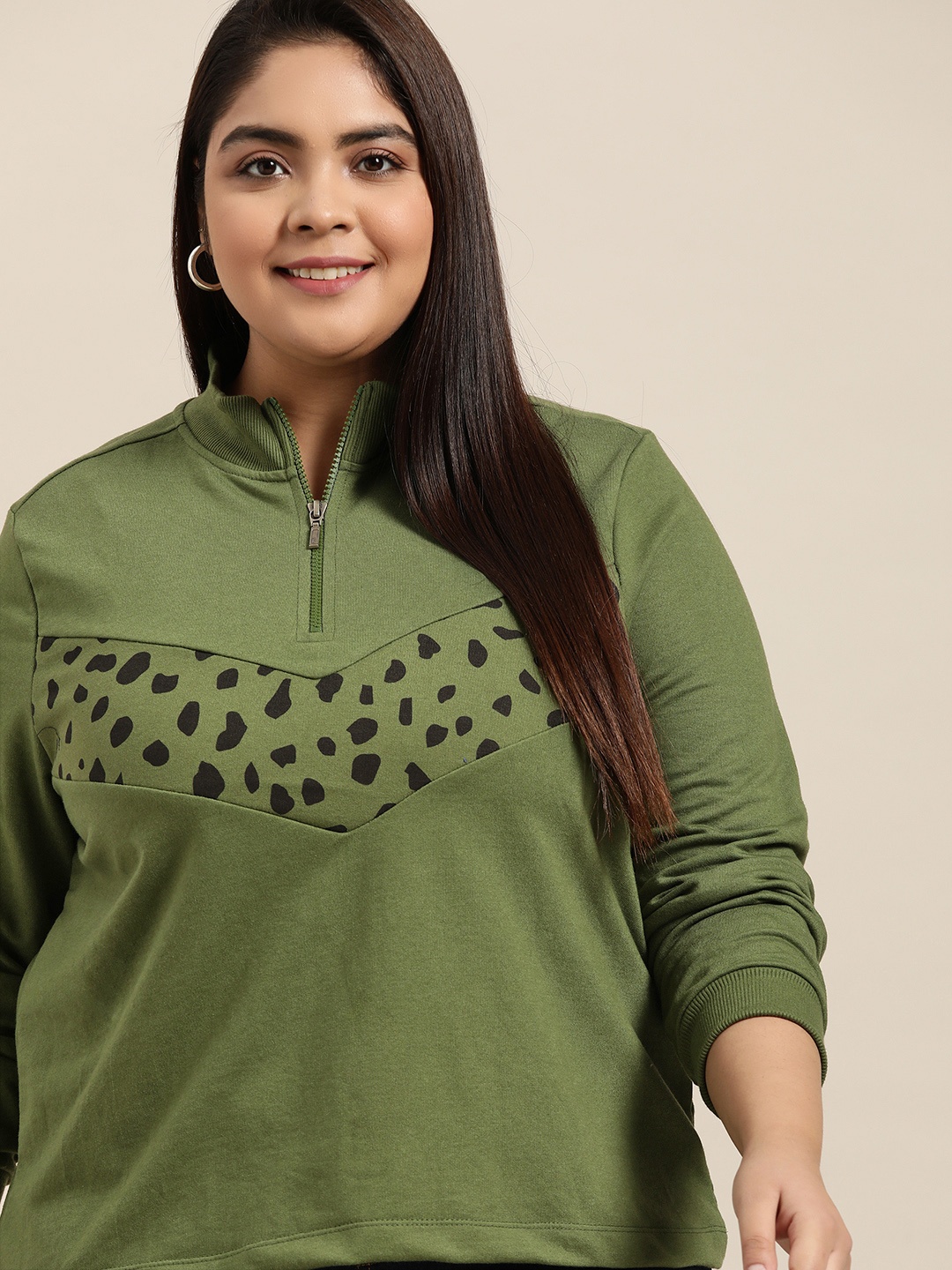 

Sztori Plus Size Women Olive Green Abstract Printed Sweatshirt