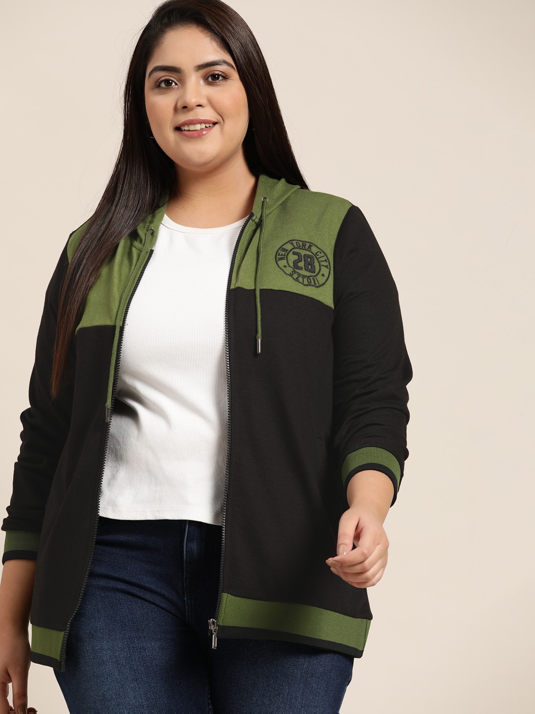 

Sztori Women Black & Olive Green Colourblocked Plus Size Hooded Sweatshirt