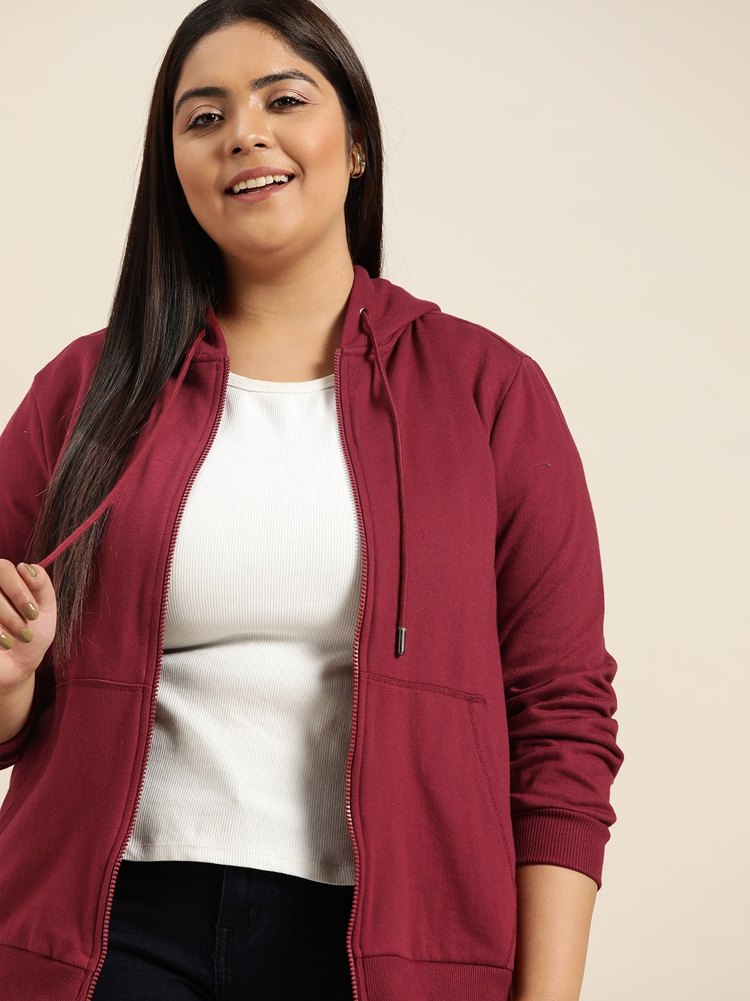 

Sztori Women Plus Size Maroon Solid Hooded Front-Open Sweatshirt