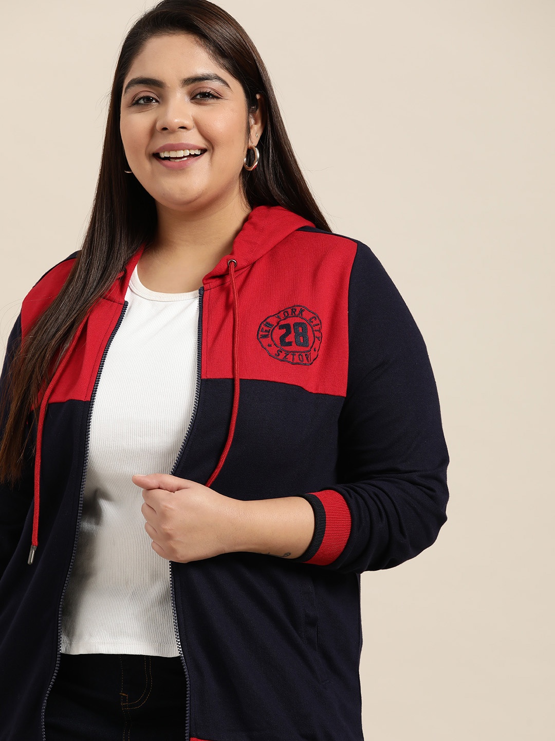 

Sztori Women Plus Size Navy Blue Colourblocked Hooded Sweatshirt with Applique Detail