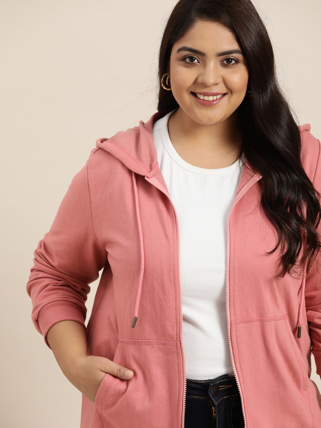 

Sztori Women Plus Size Peach-Coloured Hooded Sweatshirt