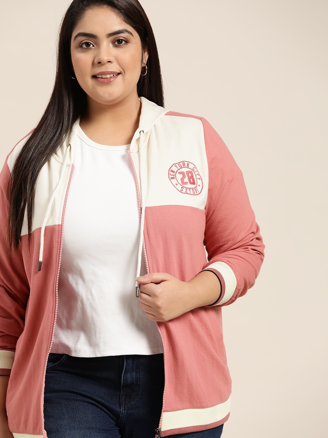 

Sztori Women Pink & White Colourblocked Plus Size Hooded Sweatshirt