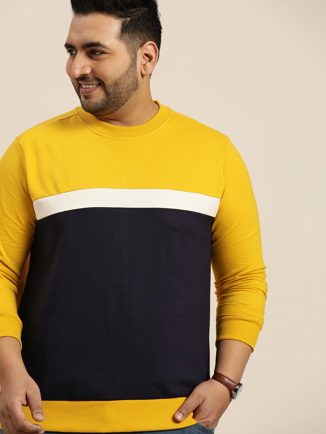 

Sztori Men Plus Size Yellow & Navy Blue Colourblocked Sweatshirt