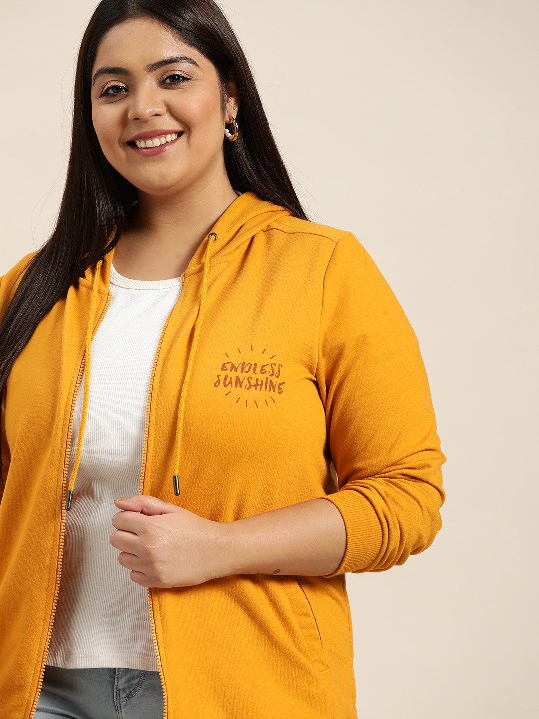 

Sztori Women Plus Size Mustard Yellow Hooded Sweatshirt with Printed Back