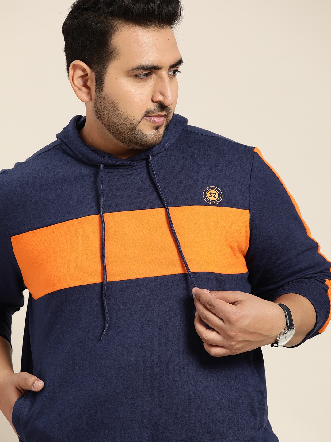 

Sztori Men Plus Size Navy Blue & Orange Colourblocked Hooded Sweatshirt