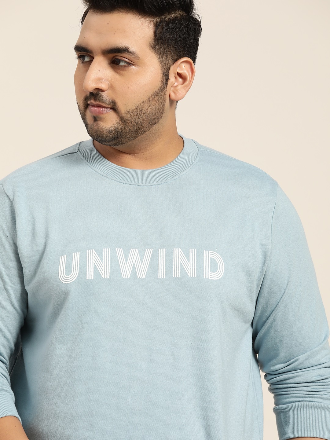 

Sztori Men Plus Size Blue Solid Sweatshirt with Printed Detail