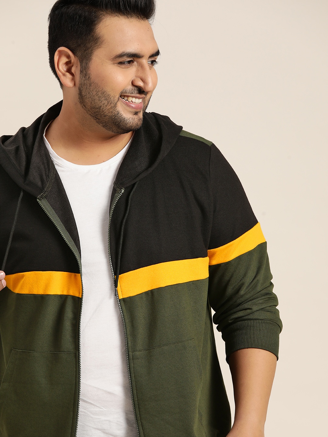 

Sztori Men Plus Size Olive Green Colourblocked Hooded Sweatshirt
