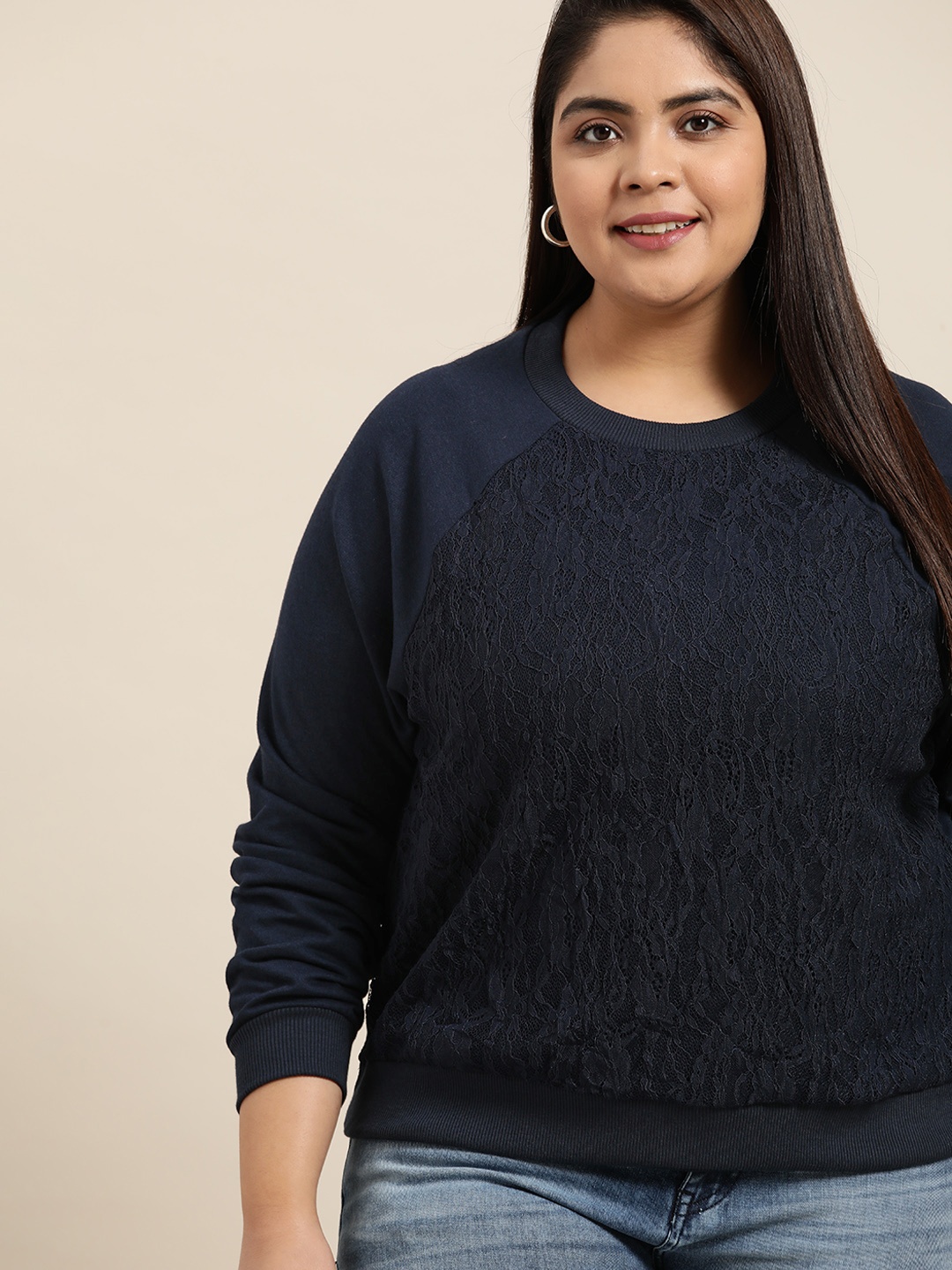 

Sztori Women Plus Size Navy Blue Lace Insert Detail Sweatshirt