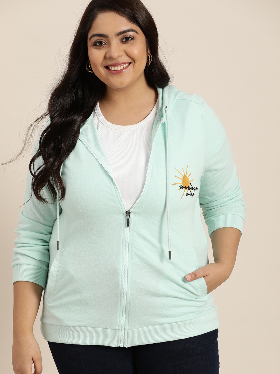 

Sztori Women Plus Size Green Solid Hooded Sweatshirt