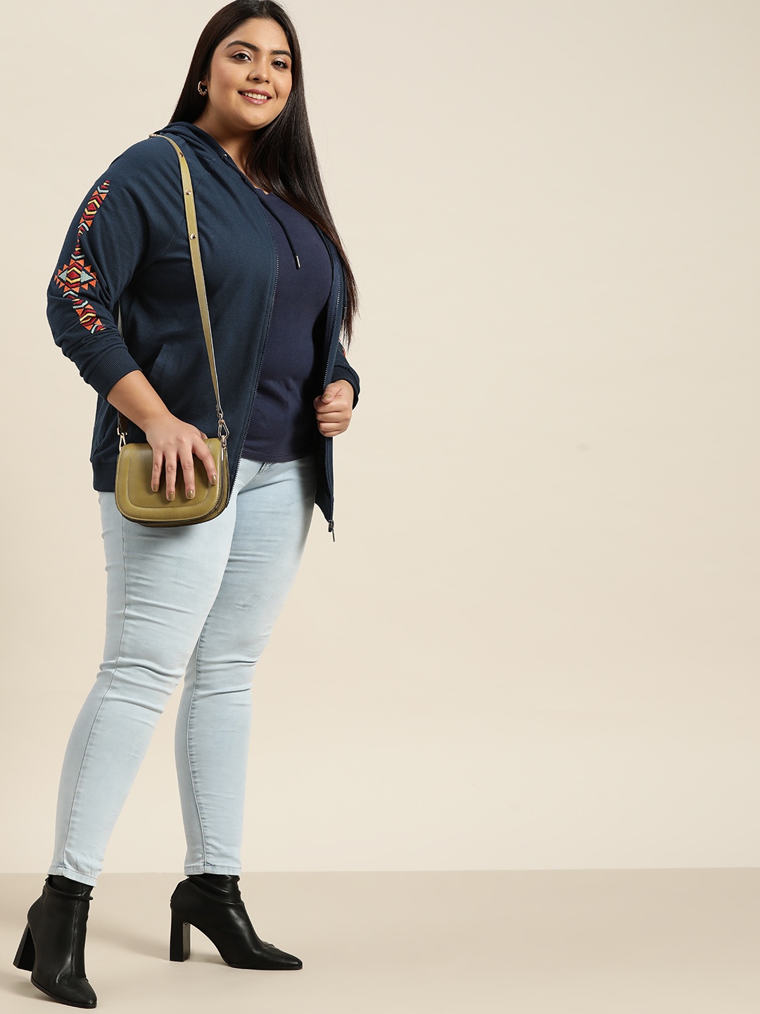Sztori Women Plus Size Navy Blue Solid Hooded Sweatshirt