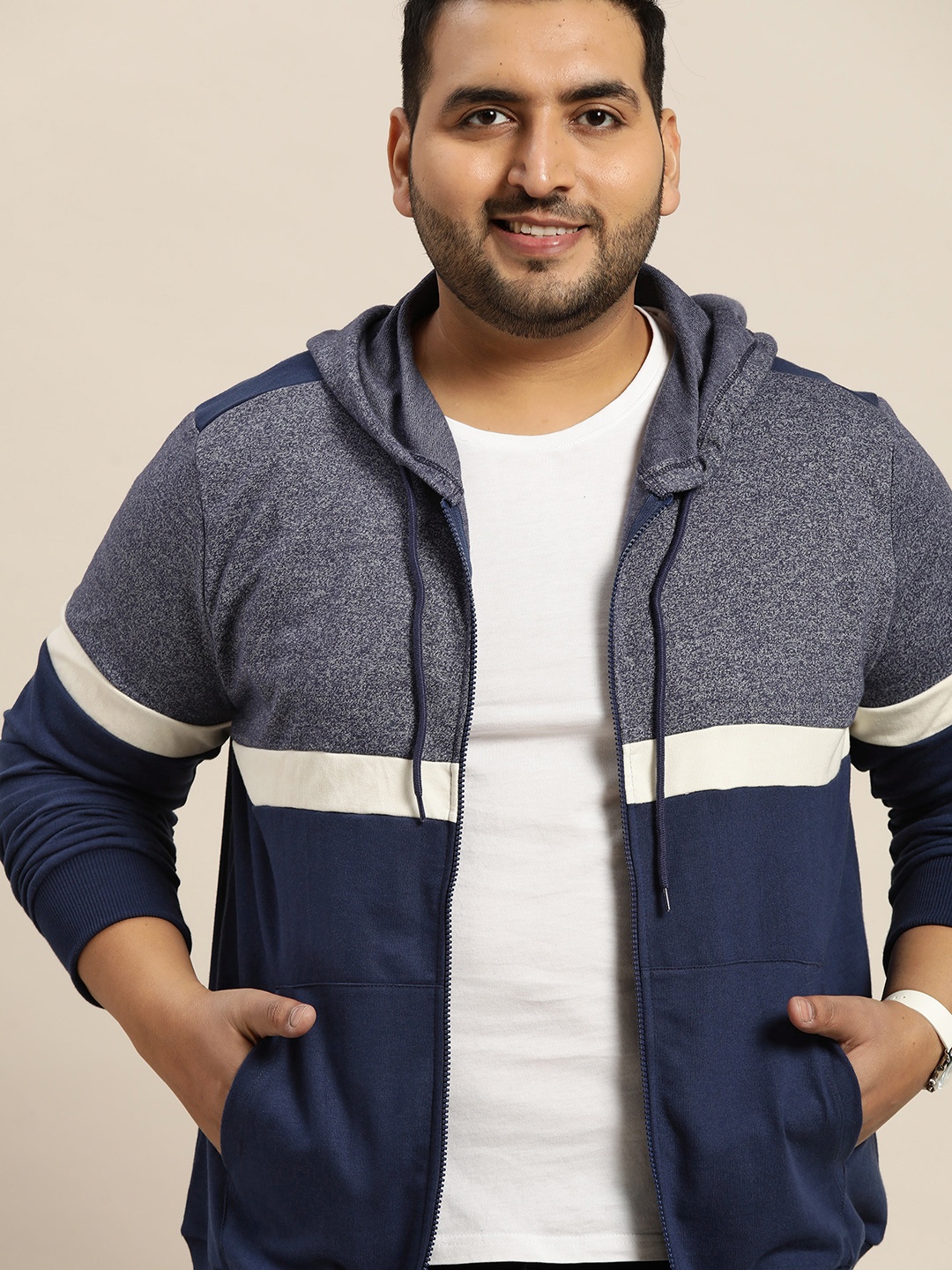 

Sztori Men Plus Size Navy Blue Colourblocked Cotton Hooded Sweatshirt