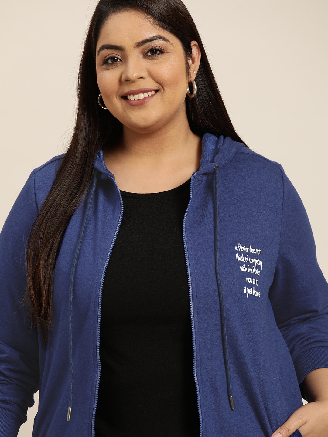 

Sztori Women Plus Size Blue Solid Hooded Sweatshirt