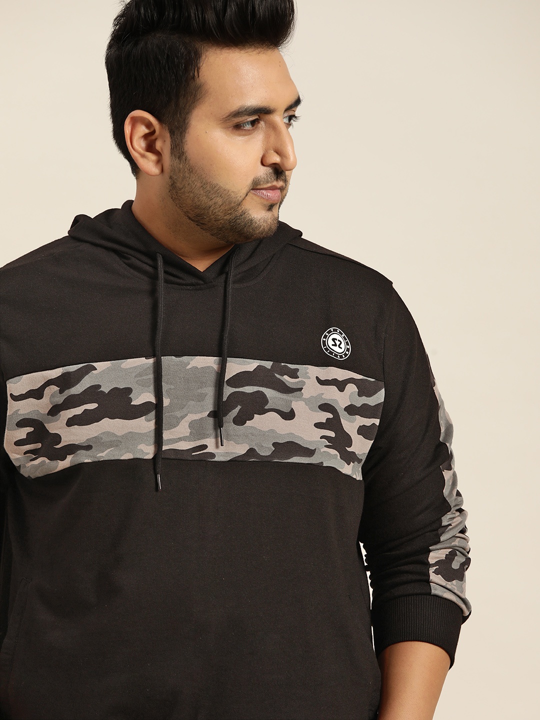 

Sztori Men Plus Size Black Camouflage Paneled Hooded Sweatshirt