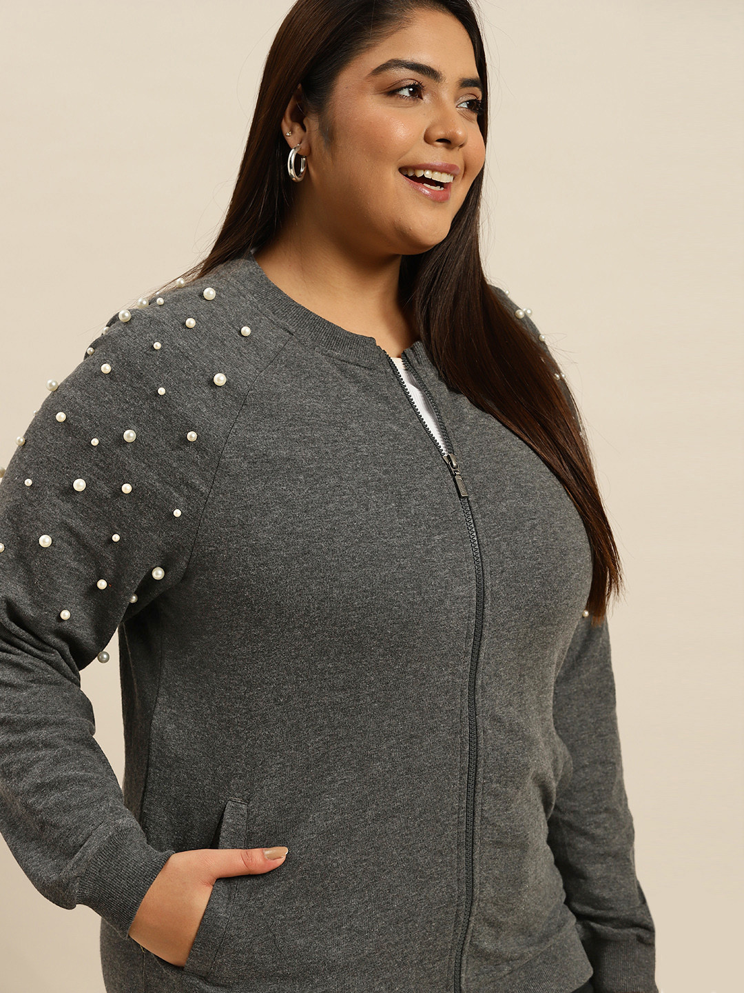 

Sztori Women Plus Size Charcoal Grey Beaded Sweatshirt