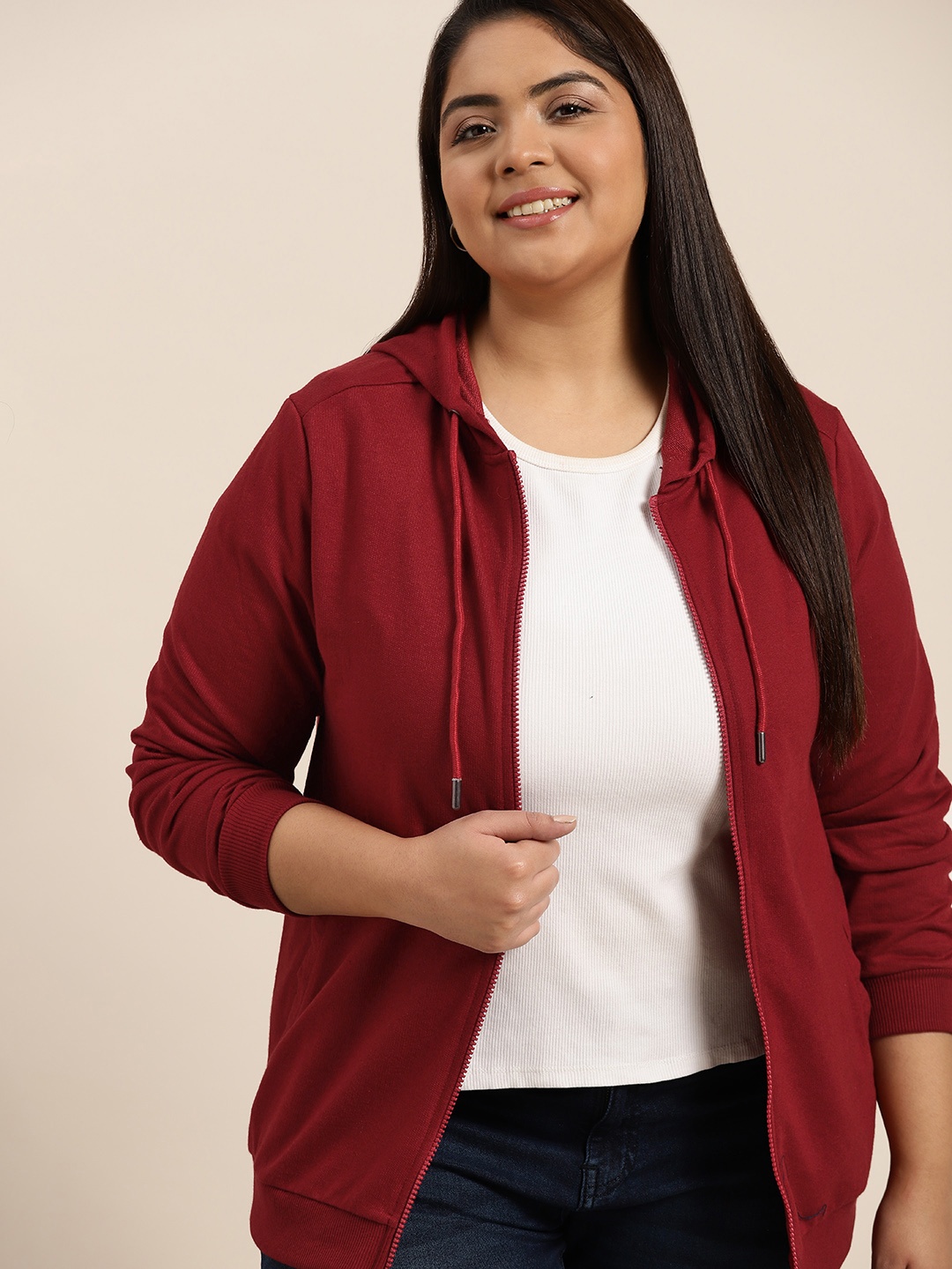 

Sztori Women Plus Size Maroon Solid Hooded Sweatshirt