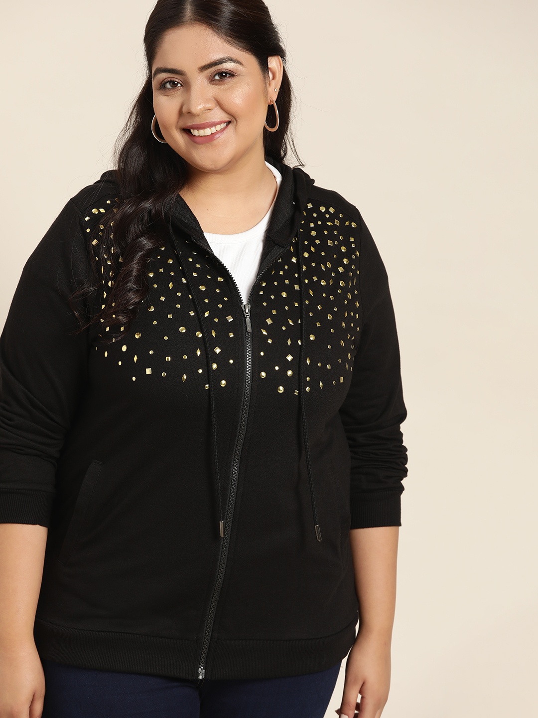 

Sztori Women Plus Size Black Embellished Hooded Sweatshirt