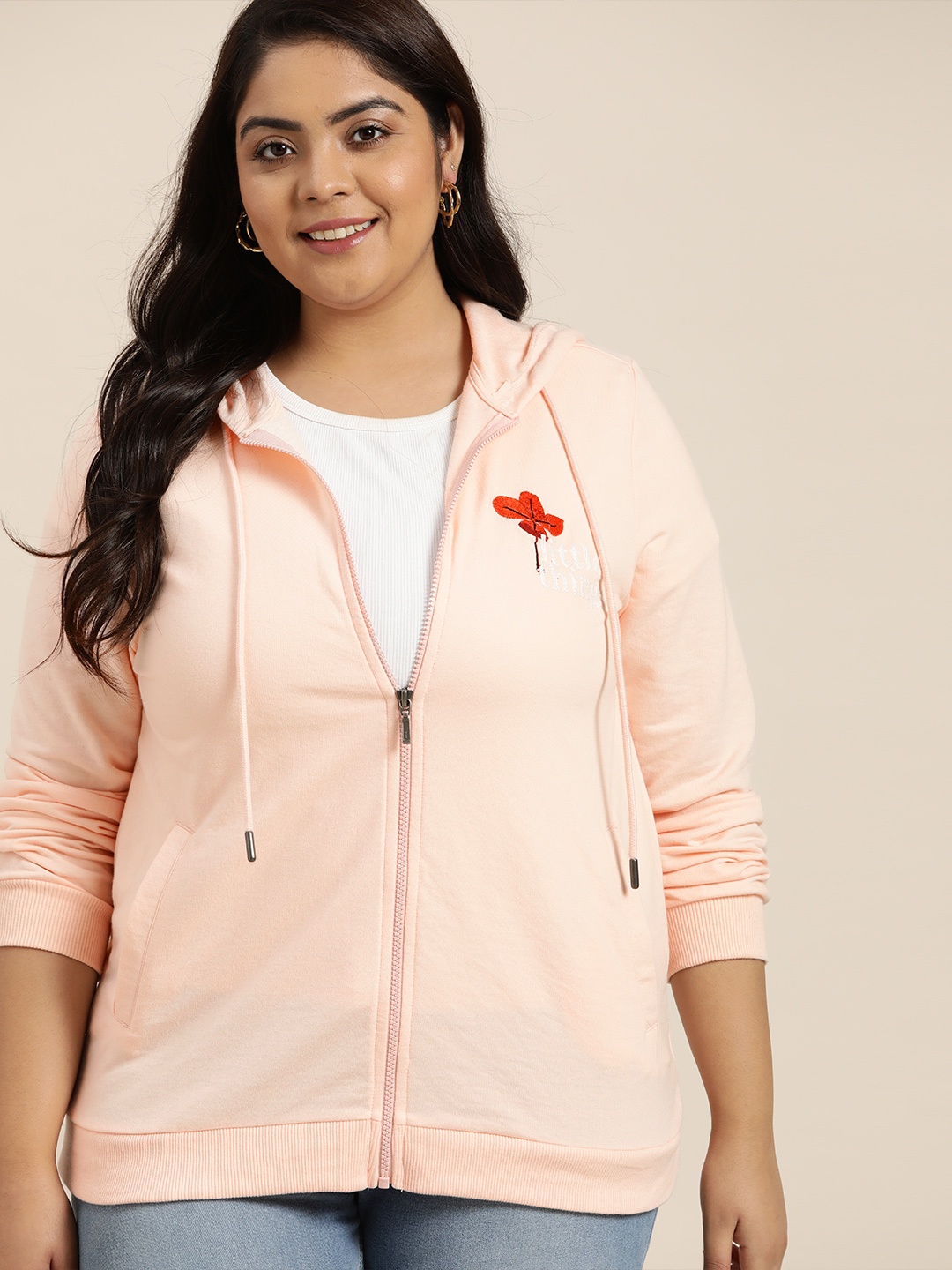 

Sztori Women Plus Size Peach-Coloured Hooded Sweatshirt