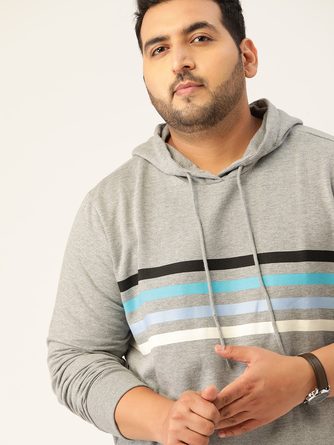 

Sztori Men Plus Size Grey Melange Striped Hooded Sweatshirt