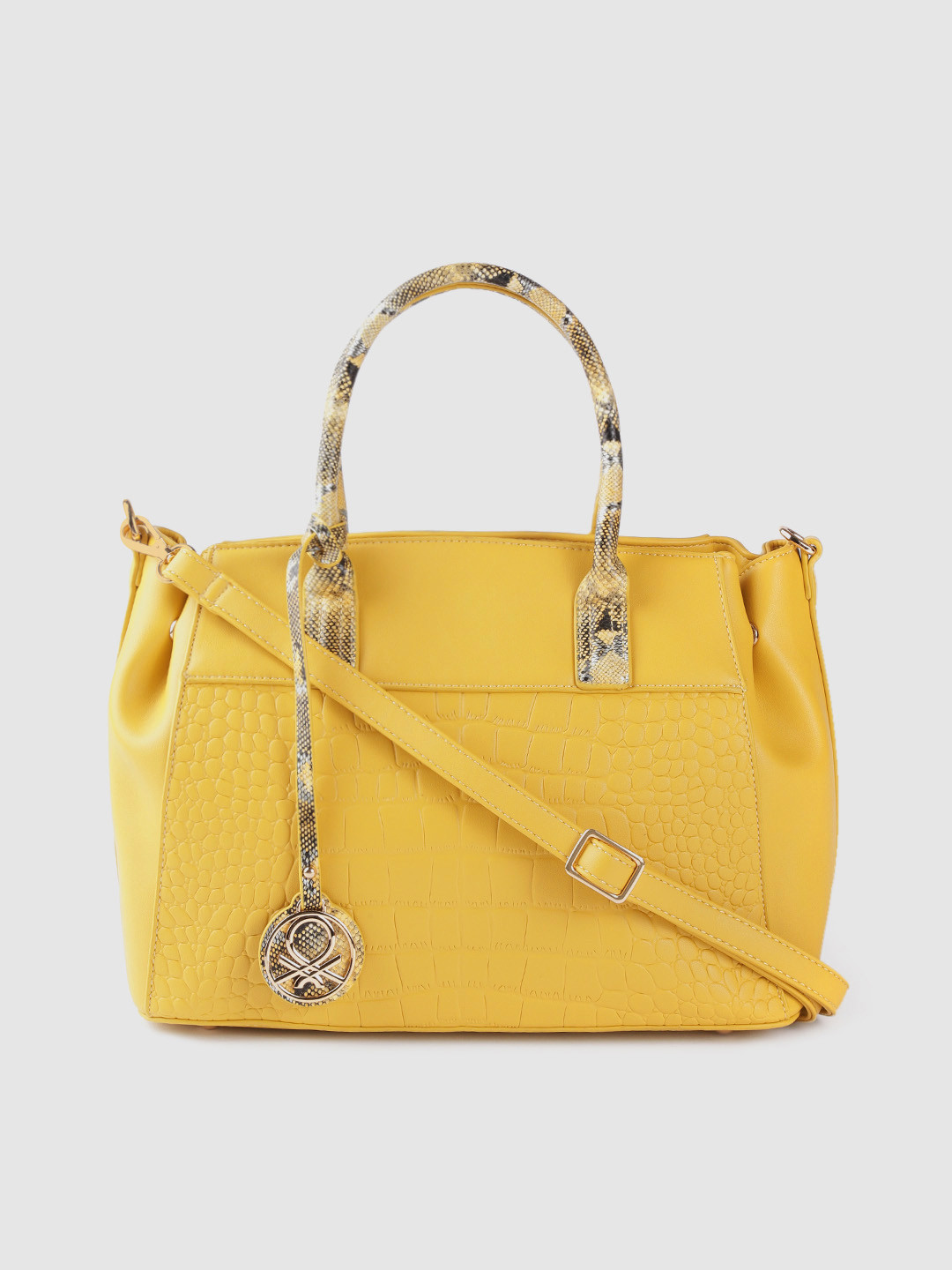 

United Colors of Benetton Mustard Yellow Croc-Textured Structured Handheld Bag