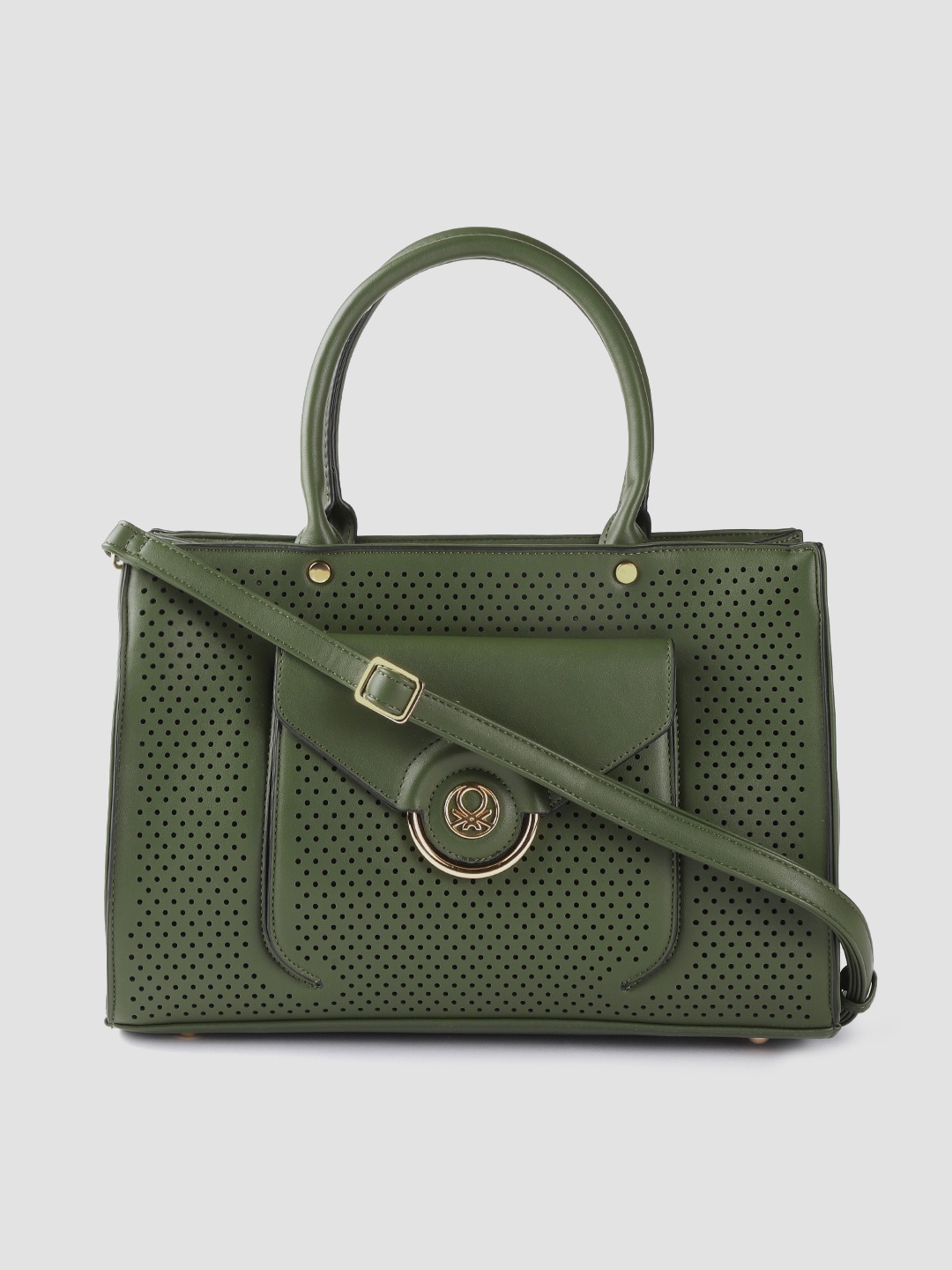

United Colors of Benetton Olive Green Laser Cut Structured Handheld Bag