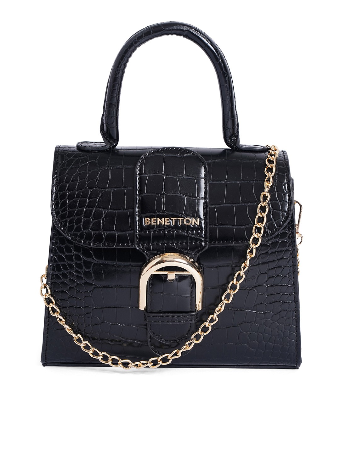 

United Colors of Benetton Black Animal Textured Handheld Bag
