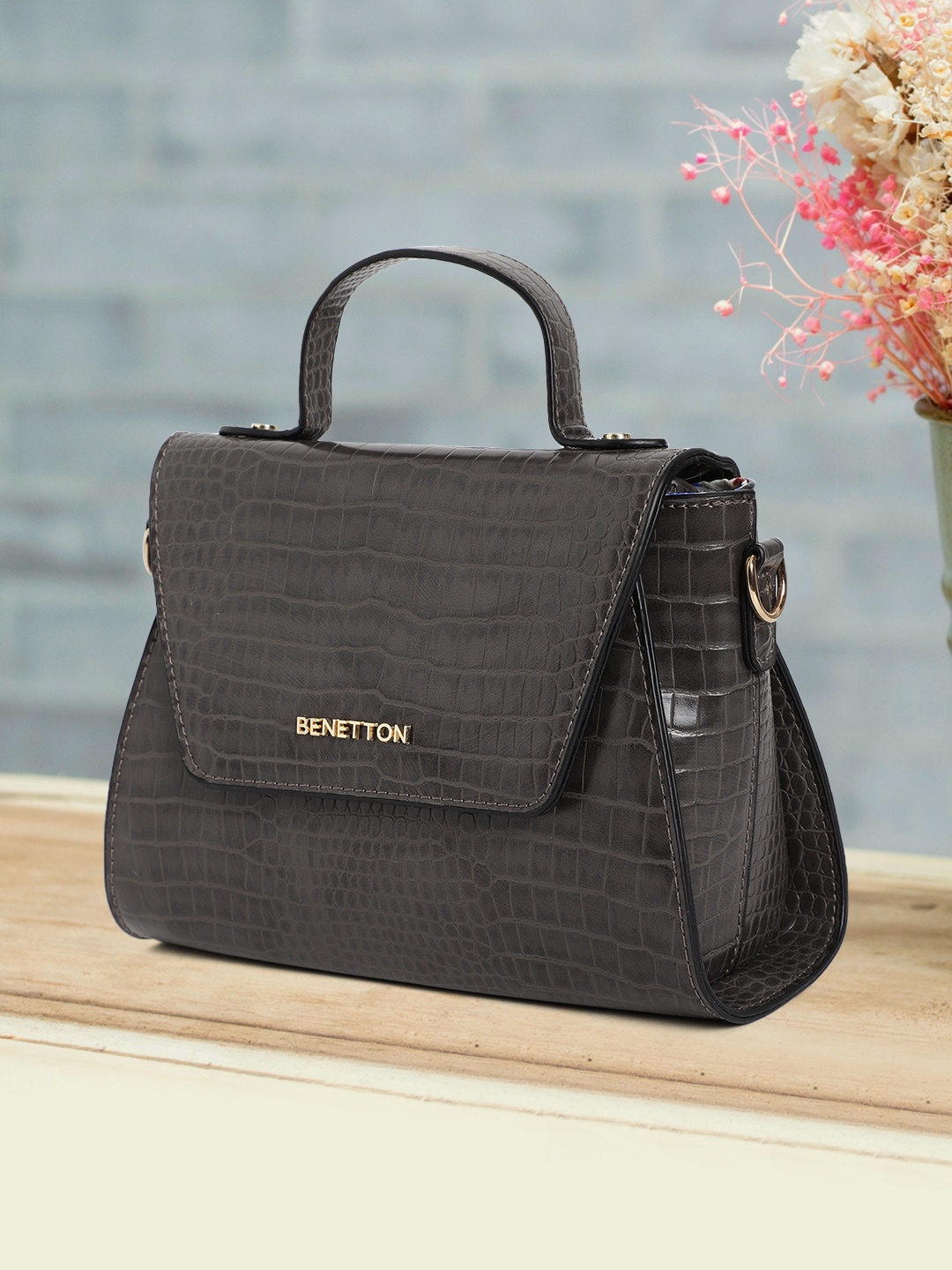 

United Colors of Benetton Grey Animal Printed Structured Satchel