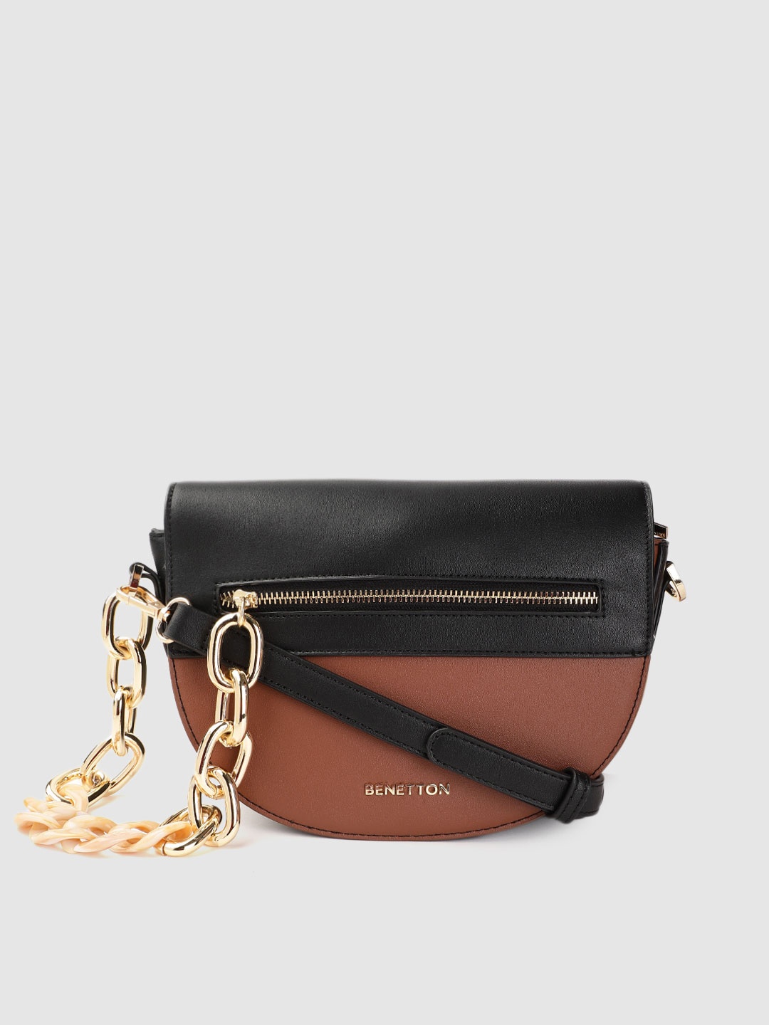 

United Colors of Benetton Black & Brown Colourblocked Half Moon Sling Bag