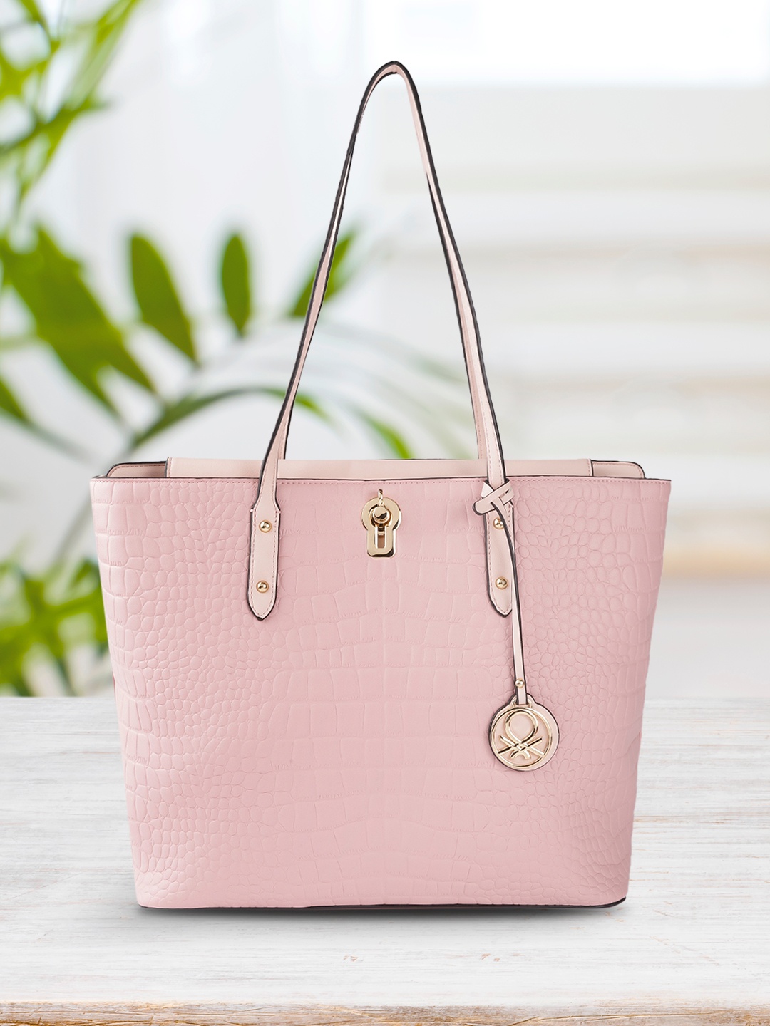 

United Colors of Benetton Pink Croc Textured Shopper Shoulder Bag