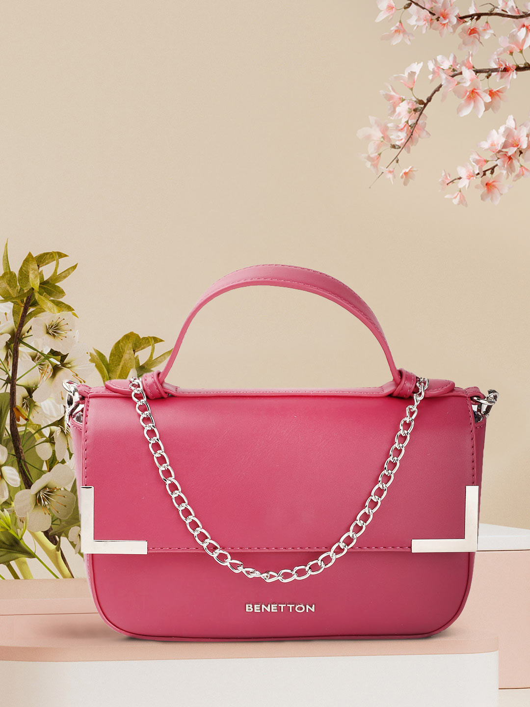 

United Colors of Benetton Magenta Solid Structured Satchel