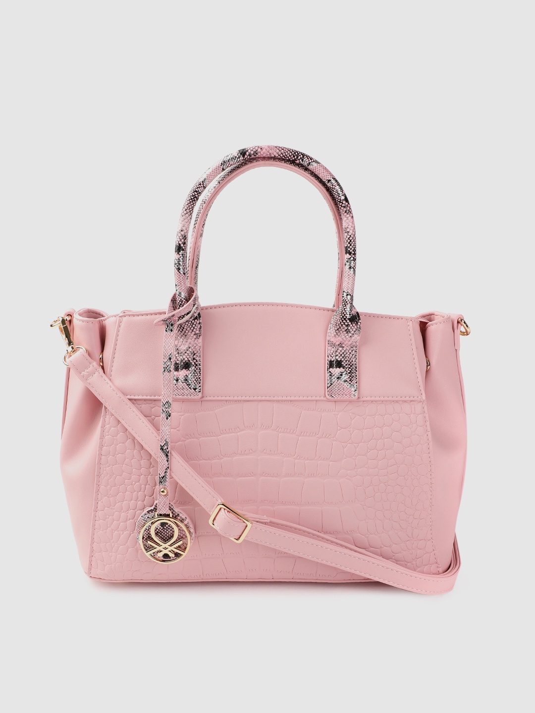 

United Colors of Benetton Pink Croc Textured Structured Handheld Bag
