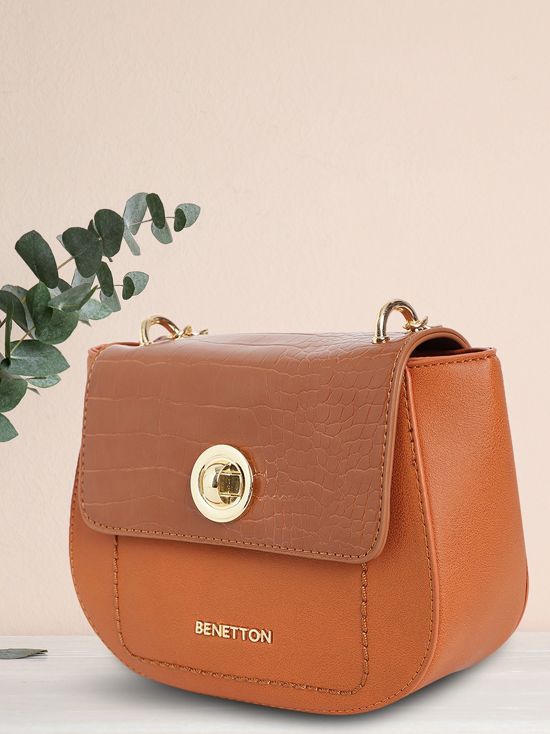 

United Colors of Benetton Brown Animal Textured Structured Sling Bag