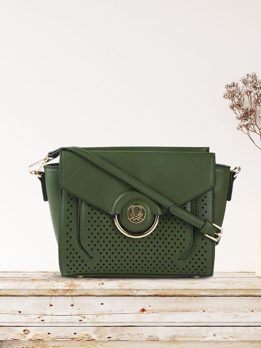 

United Colors of Benetton Olive Green Laser Cut Swagger Sling Bag