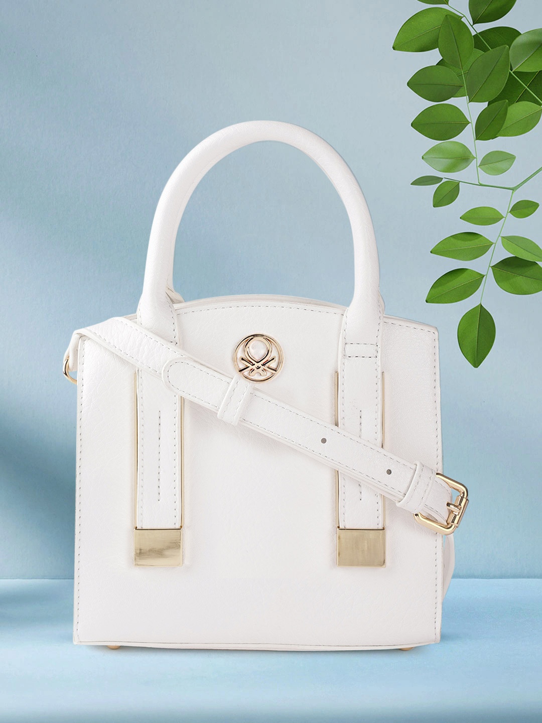 

United Colors of Benetton White Textured Structured Small Handheld Bag