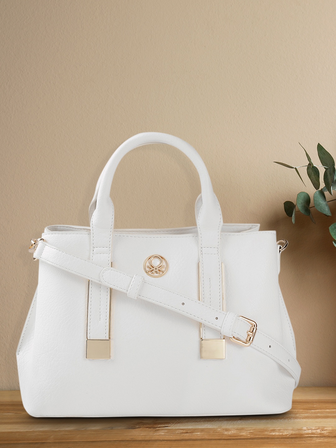 

United Colors of Benetton White Textured Structured Handheld Bag